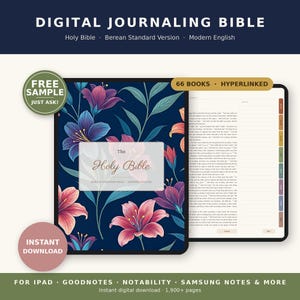 May include: A digital journaling Bible in the Berean Standard Version, featuring a dark blue cover with pink and purple lily illustrations. The interface includes 66 hyperlinked books, a notes section, and is compatible with iPad, GoodNotes, and Notability.