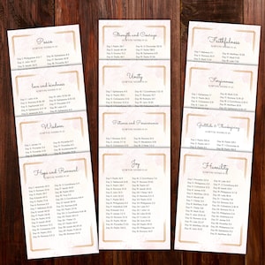 May include: A set of 10 printable cards with gold frames and a pink background. Each card features a different virtue, such as peace, love, and kindness, and lists daily scripture readings for each virtue.