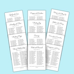 May include: A printable set of 10 cards with scripture verses for daily reflection. Each card features a different theme, such as grief and loss, anxiety and fear, finding hope, purpose and direction, finding joy, courage, change and letting go, justice and mercy, community and connection, comparison and envy, rest and renewal, and strong relationships.