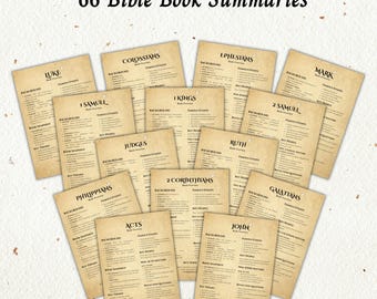 Op de afbeelding: Een verzameling papieren samenvattingen van bijbelboeken in vintage-stijl, waaronder Lucas, Kolossenzen, Efeziërs, Marcus, 1 Samuël, 1 Koningen, 2 Samuël, Rechters, Ruth, Filippenzen, 2 Korintiërs, Galaten, Handelingen en Johannes. De tekst "66 Bible Book Summaries" staat bovenaan.
