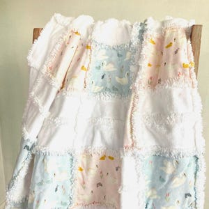 Swan Baby Blanket + Lovey, Girl&#39;s Flannel Bed Quilt, Handmade, Pink and Blue, Baby Shower, First Birthday, Toddler Rag Quilt Blanket