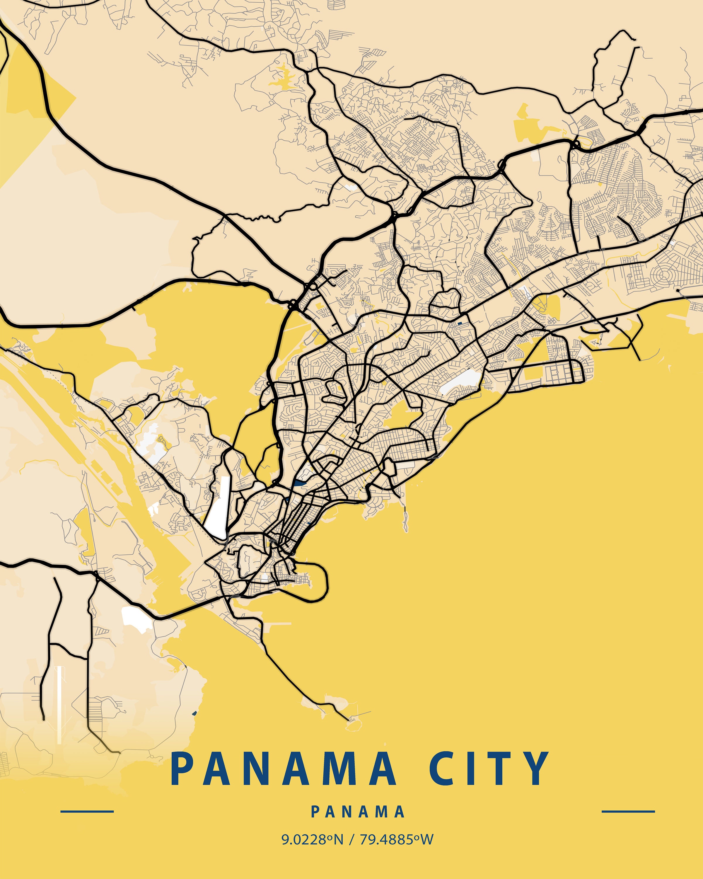 Panama City Map, Panama Map Wall Art, Panama City Art, Panama Map ...