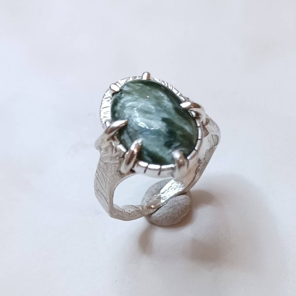 Bijoux créateur bague argent pierre naturelle seraphinite pièce unique fait main