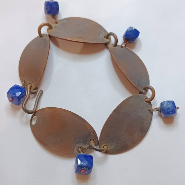 Bijoux créateur bracelet en cuivre avec lapis lazuli à facettes pièce unique fait main pour femme et homme