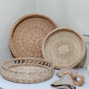 Handmade Rattan Basket,Natural Woven Wicker Tray Bamboo Coffee Table Tray, Jewellery Tray, Bohemian Kitchen OrganizerDesign Woden Decor