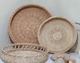 Handgemaakt dienblad van geweven rotan, boho salontafeldecor