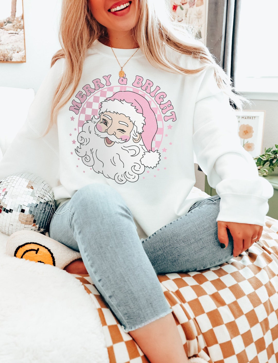 Merry and Bright Pink Christmas Sweatshirt Cute - Etsy