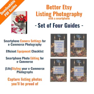 以下が含まれることがあります： スマートフォンを使ってより良いEtsyの商品写真撮影を行うための、ダウンロード可能なガイド4つセット。ガイドの内容は、スマートフォンのカメラ設定、機器チェックリスト、写真編集、そして（ライフ）スタイリングです。