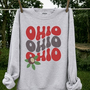 May include: A light gray crewneck sweatshirt featuring the word OHIO printed three times in a stacked, wavy font. The top and bottom lines are red, while the middle line is dark gray. A small brown and green buckeye leaf graphic is included.