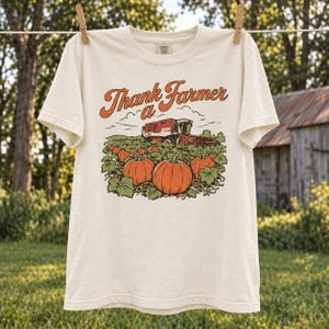 Thank a Farmer T-Shirt, Vintage Combine Harvest Pumpkin Tee, Country Fall Gift