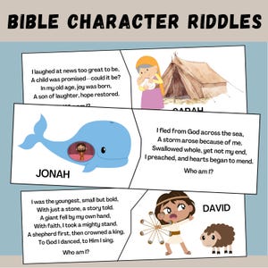 Può includere: Quattro carte colorate con illustrazioni e indovinelli su personaggi biblici. I personaggi sono Giona, Sara, Davide e un quarto personaggio il cui nome non è mostrato. Ogni carta ha un indovinello sul personaggio e una domanda che chiede "Chi sono io?"