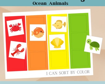 May include: Color sorting activity for kids featuring ocean animals.  The animals are a red crab, a red lobster, an orange pufferfish, a yellow fish, a yellow seashell, and a green sea turtle.  The text on the page says "Color Sorting Ocean Animals" and "I can sort by color".