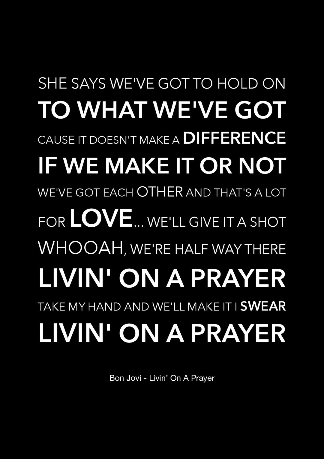 Bon Jovi - Livin’ on A Prayer - Typography Lyric Poster - A4 Size - Etsy