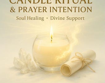 May include: A lit candle in a glass holder, a scroll tied with twine, and clear quartz crystals are arranged on a light background. Text reads "CANDLE RITUAL & PRAYER INTENTION" and "Soul Healing • Divine Support". The shop name "DivineSoulHaven" is at the bottom.