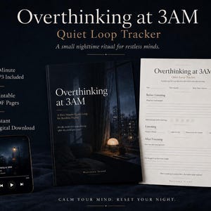 Puede incluir: Un conjunto de productos digitales titulado Overthinking at 3AM Quiet Loop Tracker, que incluye un teléfono inteligente con un reproductor de audio, un libro con una escena nocturna de ventana en la portada y una hoja de seguimiento imprimible.