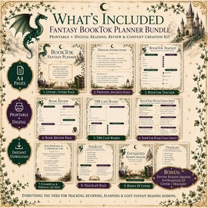 May include: A Fantasy BookTok Planner Bundle featuring nine printable and digital pages with illustrations of a green dragon and a castle. The pages include a cover, printing instructions, book tracker, review page, TBR case board, and hook cheat sheet.
