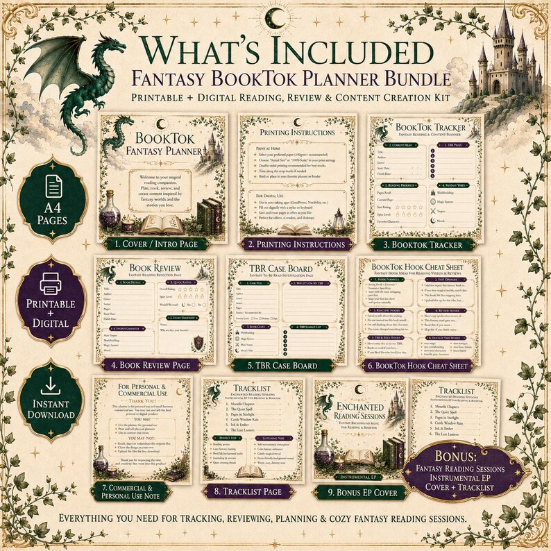 May include: A Fantasy BookTok Planner Bundle featuring nine printable and digital pages with illustrations of a green dragon and a castle. The pages include a cover, printing instructions, book tracker, review page, TBR case board, and hook cheat sheet.