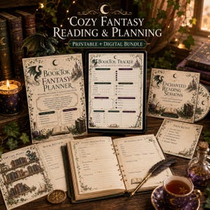 May include: A fantasy-themed reading and planning bundle featuring a BookTok planner, a digital tablet displaying a BookTok tracker, an open ring-bound journal with a quill pen, a tracklist card, and an enchanted reading sessions cover.