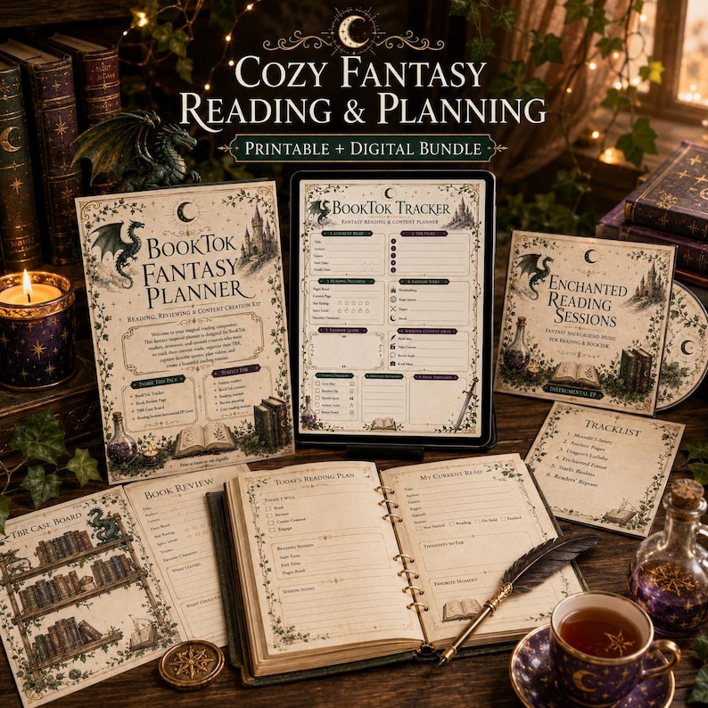 May include: A fantasy-themed reading and planning bundle featuring a BookTok planner, a digital tablet displaying a BookTok tracker, an open ring-bound journal with a quill pen, a tracklist card, and an enchanted reading sessions cover.