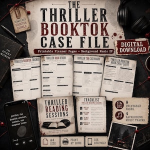 May include: A digital download bundle titled The Thriller BookTok Case File, featuring eight printable planner pages and four background music tracks. The set includes trackers, review sheets, a case board, and a cheat sheet with a dark, suspenseful aesthetic.