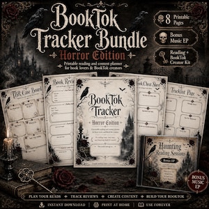 May include: A BookTok Tracker Bundle Horror Edition featuring 8 printable pages, a bonus music EP, and a creator kit. The design includes gothic illustrations of ravens, castles, and candles with text detailing reading and content planning.