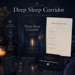 Op de afbeelding: Een Deep Sleep Corridor set met een donker boek, een crèmekleurig nacht-tracker blad en een digitale muziekspeler interface met een geluidsgolf. De set bevat tekst over een rustig slaapritueel, muziek-afspeellijsten en instructies.