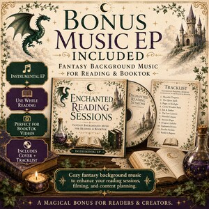 May include: A music EP titled Enchanted Reading Sessions featuring a dragon, a castle, and books. The set includes a CD, a tracklist card, and decorative elements like a candle and potion bottle. Text includes Bonus Music EP Included and Fantasy Background Music for Reading & BookTok.