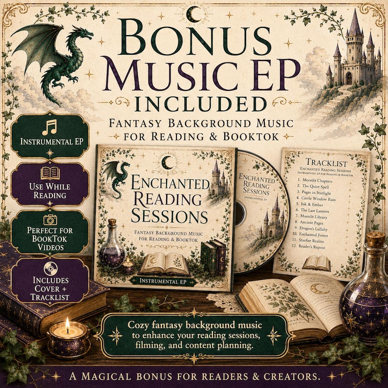 May include: A music EP titled Enchanted Reading Sessions featuring a dragon, a castle, and books. The set includes a CD, a tracklist card, and decorative elements like a candle and potion bottle. Text includes Bonus Music EP Included and Fantasy Background Music for Reading & BookTok.