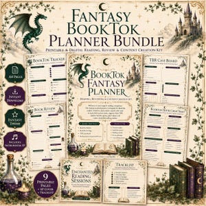 May include: A digital and printable fantasy-themed planner bundle featuring a BookTok tracker, TBR case board, book review page, and hook cheat sheet. The pages include illustrations of a green dragon, a castle, and books, with text in English.