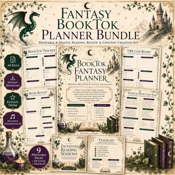 Fantasy BookTok Planner Bundle, Printable Reading Journal & Book Review Tracker