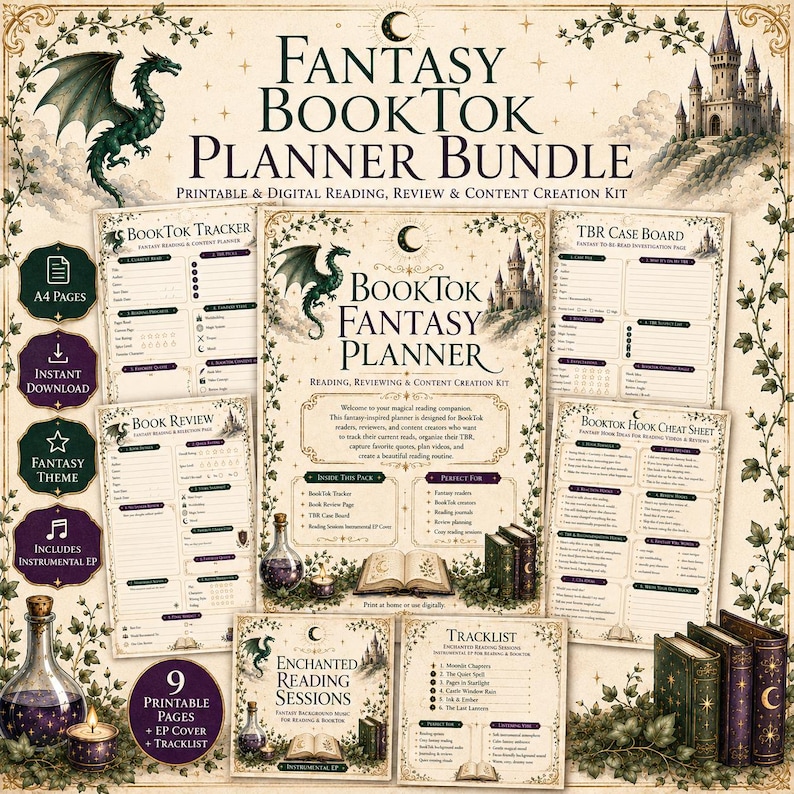 May include: A digital and printable fantasy-themed planner bundle featuring a BookTok tracker, TBR case board, book review page, and hook cheat sheet. The pages include illustrations of a green dragon, a castle, and books, with text in English.