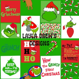 May include: A green Grinch character wearing a red Santa hat is featured in a colourful digital collage. The collage includes various images of the Grinch, including a close-up of his face, a full-body image, and a cartoon of him holding a bag. The text "Merry Grinchmas" is also included in the collage.