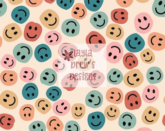 Vintage Smiley Face Seamless File | Muted Colors Seamless Design | Smiley Face |