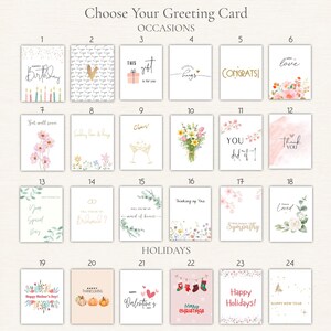 Puede incluir: Una colecci&oacute;n de veinticuatro tarjetas de felicitaci&oacute;n rectangulares dispuestas en una cuadr&iacute;cula, con diversos dise&ntilde;os para ocasiones y festividades. Cada tarjeta muestra ilustraciones &uacute;nicas, patrones florales y texto como Happy Birthday y Congrats.
