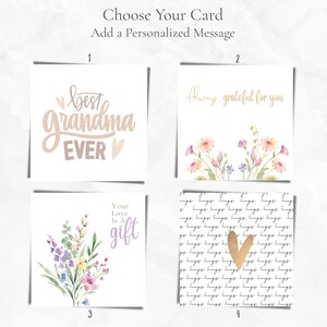 May include: Four greeting cards with various designs and messages. The top left card says "best grandma EVER" in a cursive font. The top right card says "Always grateful for you" with floral accents. The bottom left card says "Your Love is a gift". The bottom right card has a pattern of the word "hugs".