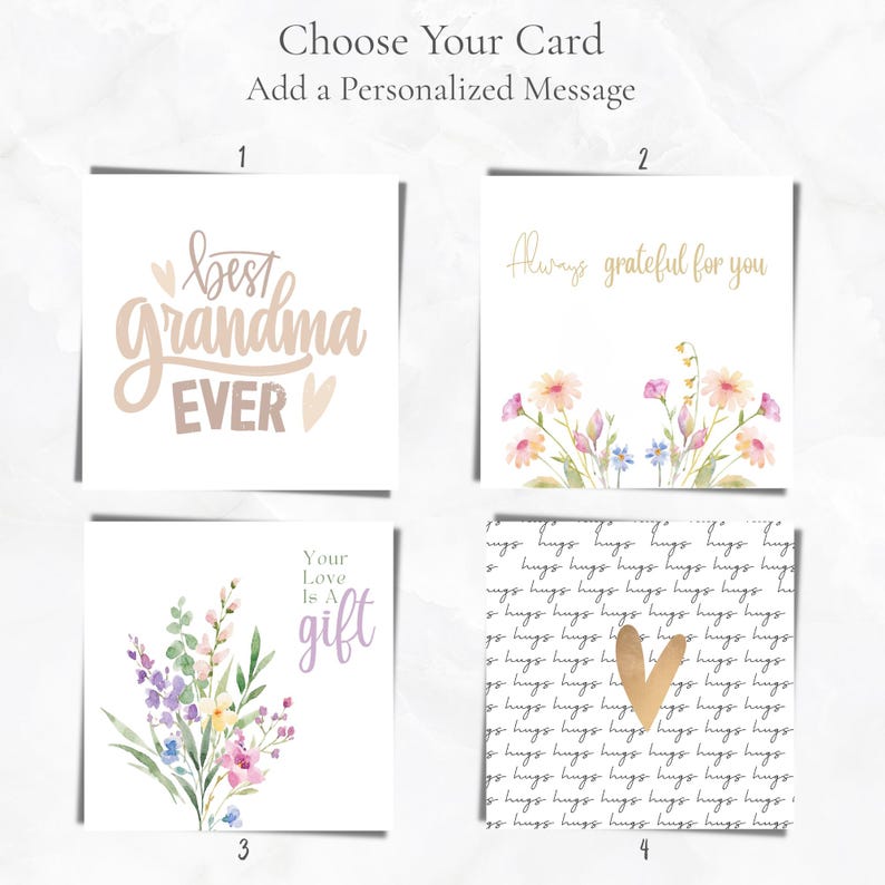 May include: Four greeting cards with various designs and messages. The top left card says "best grandma EVER" in a cursive font. The top right card says "Always grateful for you" with floral accents. The bottom left card says "Your Love is a gift". The bottom right card has a pattern of the word "hugs".