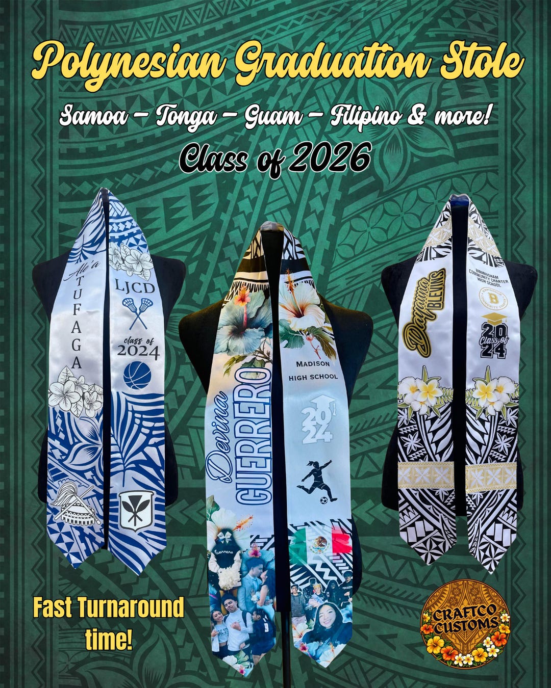 Polynesia Graduation Graduation Stole - Polynesian - Samoa - Tonga - Guam - Filipino - Flags ...