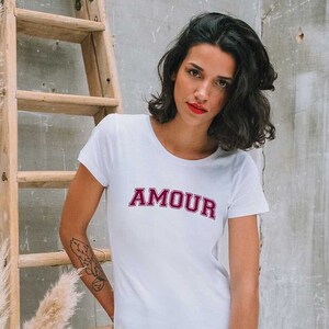 Eco-friendly Women&#39;s Short Sleeve T-shirt with Love Print printed in France, perfect for Mother&#39;s Day Gift