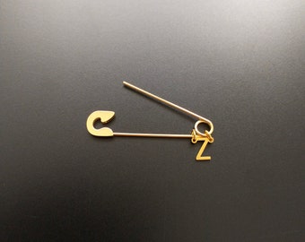 Personalized one initial charm safety pin brooch gold