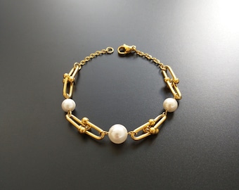 Chunky U link imitation pearl bracelet gold