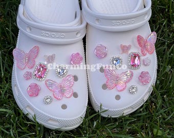 18PCS Pink Gem Butterfly Flower Shoe Charms Easy Clip