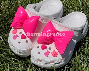 Pink Puffy Bow Shoe Charms Set: Girly Heart, Flower, Bear Accessories