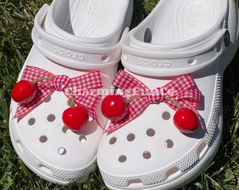 Red Cherry Gingham Bow Charms Accessories-Cute Girls Shoe Clips Decorations