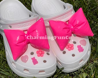 Pink Puffy Bow Shoe Charms Set: Girly Heart, Flower, Bear Accessories