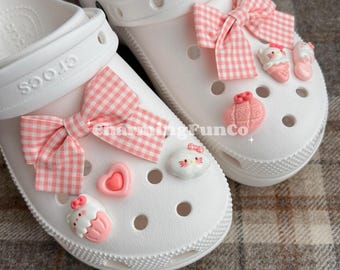 SET Gingham Pink Bow Shoe Charms Girls Accessories-Cute Girly Shoe Clips Decorations