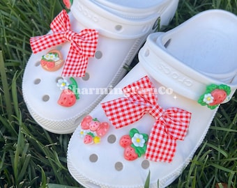 SET Strawberry Gingham Bow Charms Accessories-Cute Girls Shoe Clips Decorations