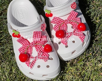 Gingham Cherry Bow Shoe Charms Set: Girls Shoe Accessories Decorations