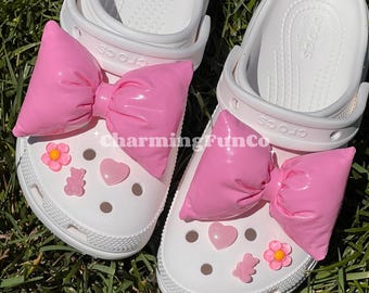 Puffy Pink Bow Shoe Charms Set: Girly Heart, Flower, Bear Accessories