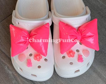 Hot Pink Puffy Bow Shoe Charms Set: Handmade Girly Accessories for Shoes