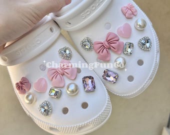 18 PCS Pink Gem and Bow Shoe Charms Shoe Accessories-Clips